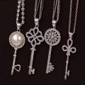 1014NF Crystal Key Pendant Necklace Long Sweater Chain