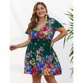 YUMDO Women's V Neck Short Sleeve Floral Dress Boho Summer Beach Mini Plus Size Dress