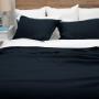 Blue linen quilt cover with white linen sheets
