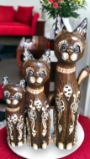 Large Brown Wooden Cat Statue Set
