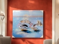 Framed Swimming Pelicans Canvas Print