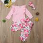 3Pcs Pink Ruffle Romper Floral Pants Headband