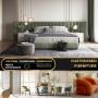 A stylish bedroom with a luxurious upholstered bed, modern lighting, and neutral tones.