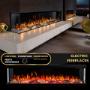 The image displays a luxurious and modern setting showcasing an elegant electric fireplace from the Elegant Interior showroom in Perth. The fireplace is integrated into a sleek marble ledge, offering a visually stunning and energy-efficient way to create warmth and ambiance. The flame effect creates a cozy atmosphere with a cityscape visible through large windows in the background.