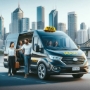 A modern maxi taxi van in front of a Brisbane city skyline with passengers boarding and a driver