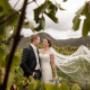Bride and Groom in the vines smiling whilst having there photo taken at margan wines broke photo taken by Thierry Boudan Photography