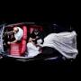 Bride and Groom in vintage wedding car with flowing veil - Newcastle wedding