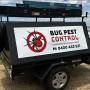 Bug Pest Control trailer in Dunsborough, featuring the company logo and contact information, highlighting pest control services in the South West region.