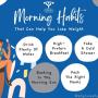 A vibrant graphic by Enhance Health Group showcasing morning habits to aid weight loss, including drinking water, eating a high-protein breakfast, taking a cold shower, basking in the morning sun, and packing healthy meals.