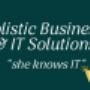 Dark teal banner with gold geometric accents. White text reads “Holistic Business & IT Solutions” with the tagline “she knows IT” below. A gold mouse cursor highlights the tech-savvy, feminine energy of the brand.