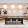 Minimalist salon waiting lounge with seating and warm lighting
